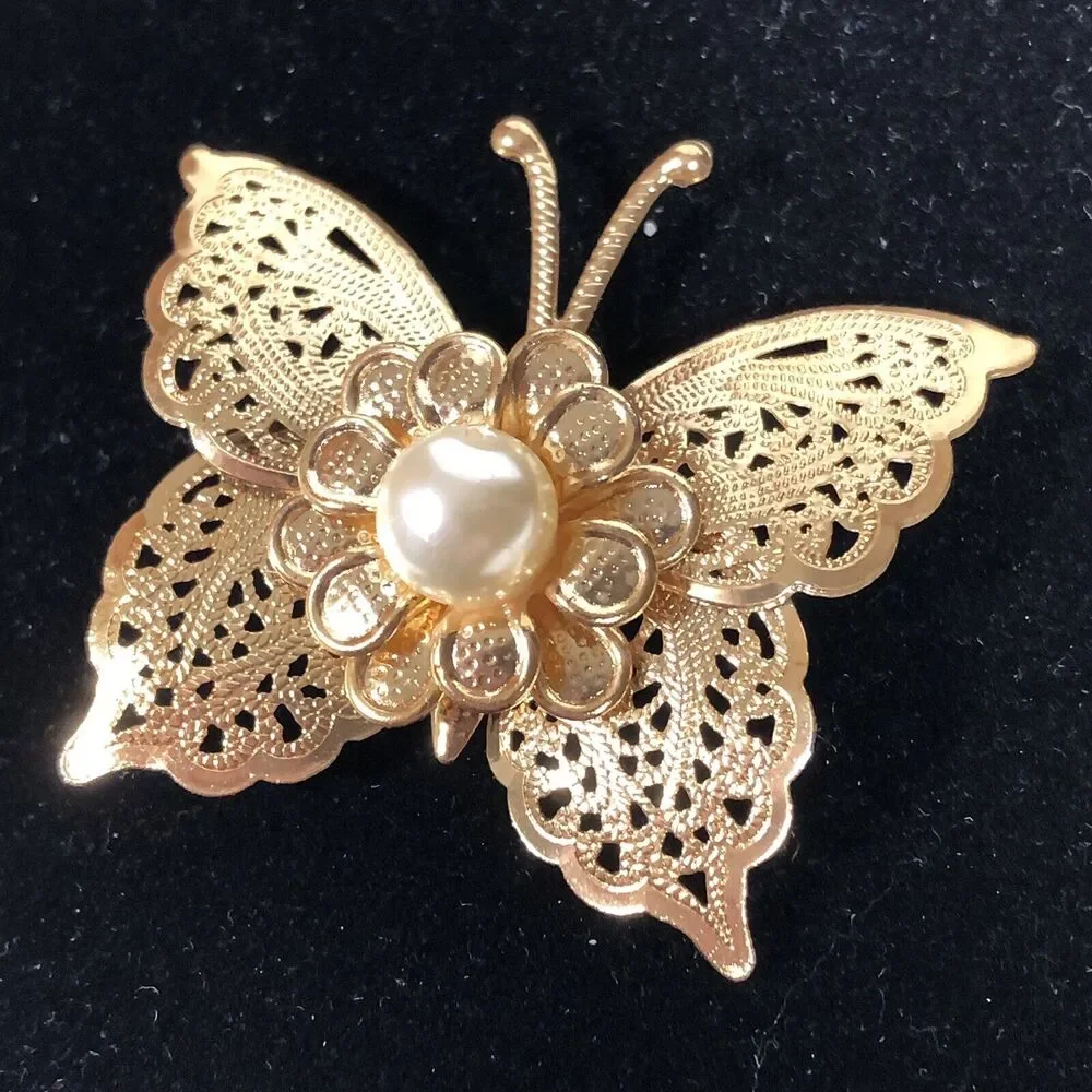 Butterfly Gold Tone Brooch Pin Filigree Style Faux Pearl Flower Unsigned Vintage